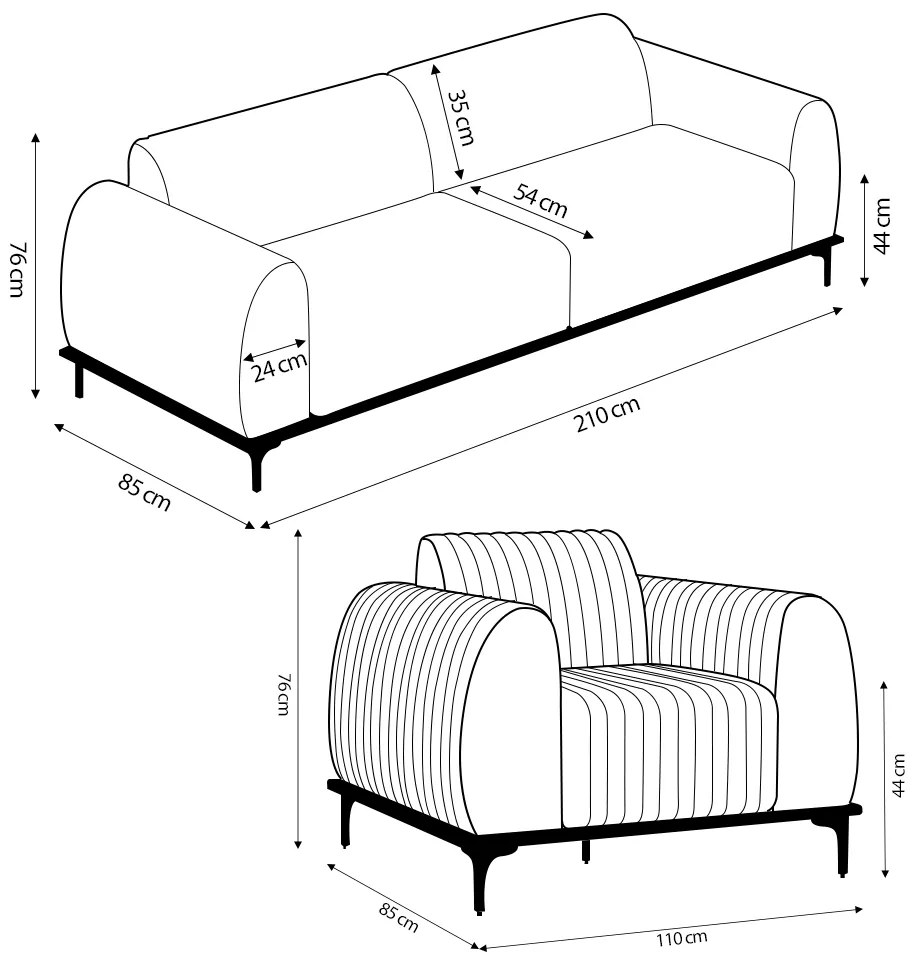 Conjunto Sofá 3 Lugares e Poltrona Base de Madeira Euro 210 cm Veludo Rosê G15 - Gran Belo