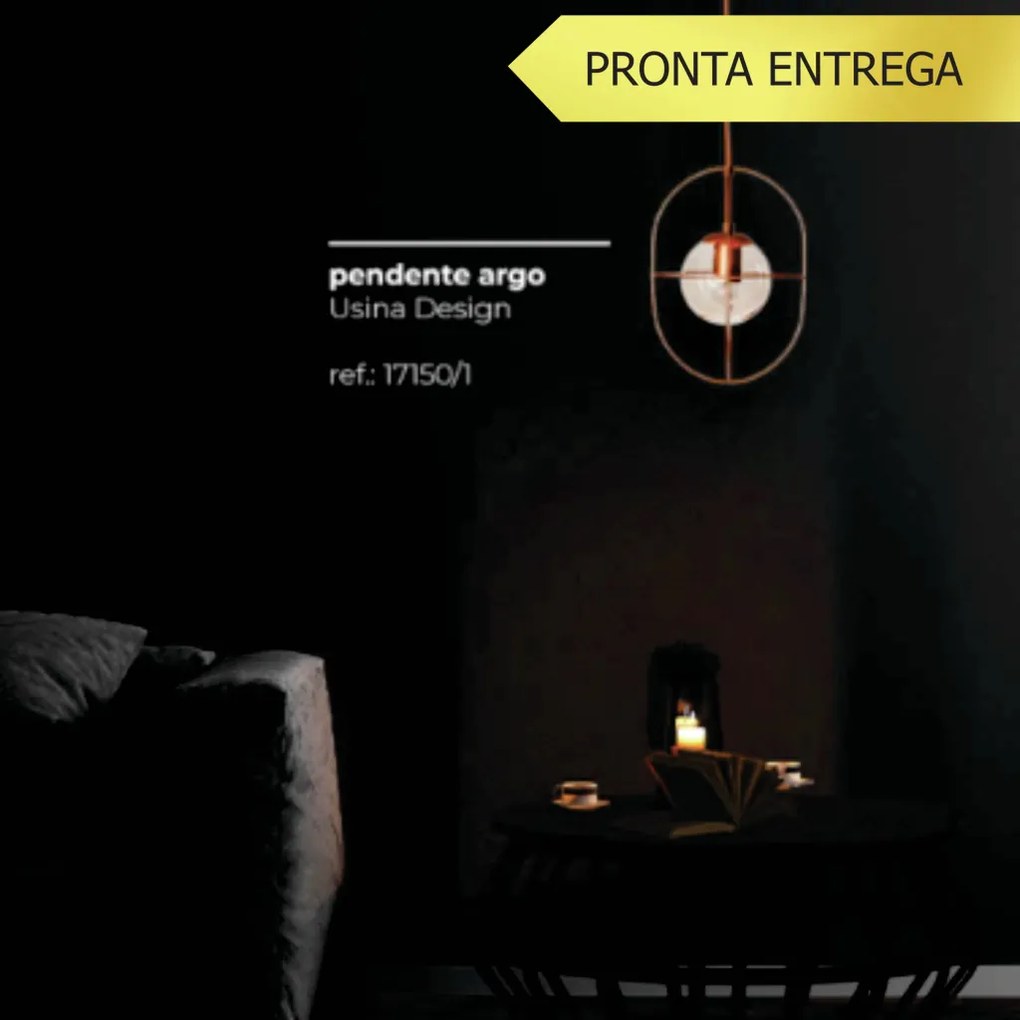 Pendente Argo 23X35X100Cm Aramado Com Globo Ø14Cm 1Xe27 G45 - Usina 17... (CB-M - Cobre Metálico, Fosco (Branco))