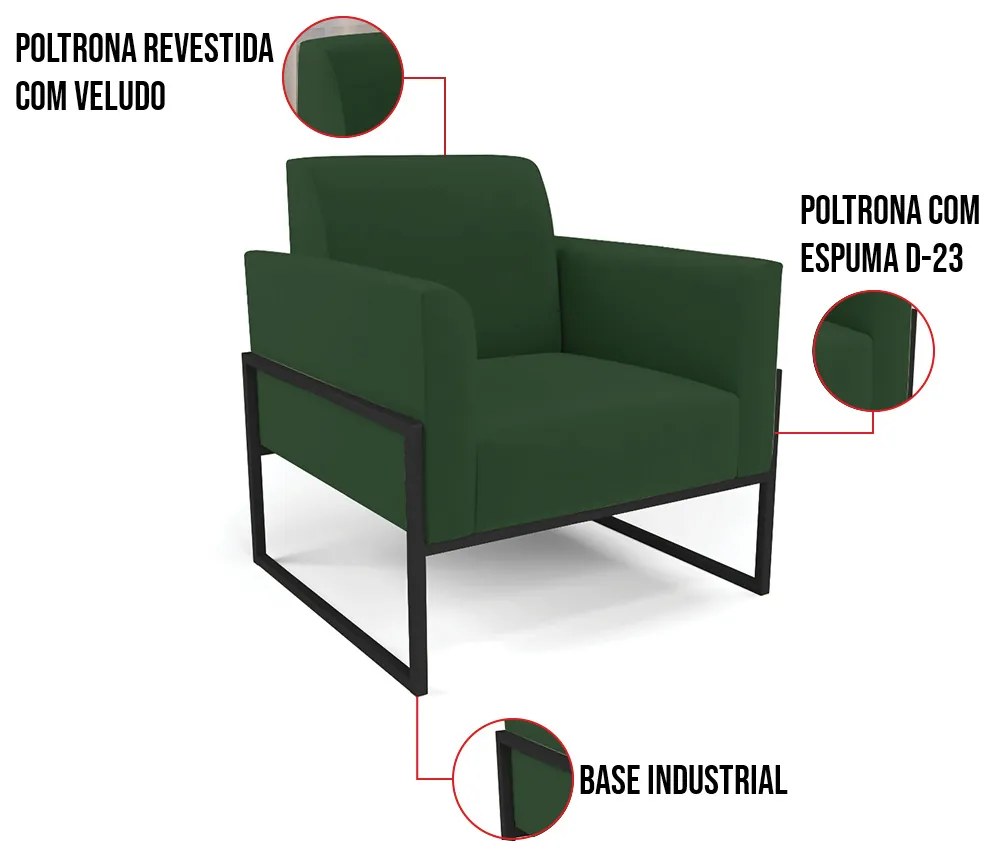 Poltrona Base Industrial Alta Preto Marisa Veludo D03 - D'Rossi - Verde