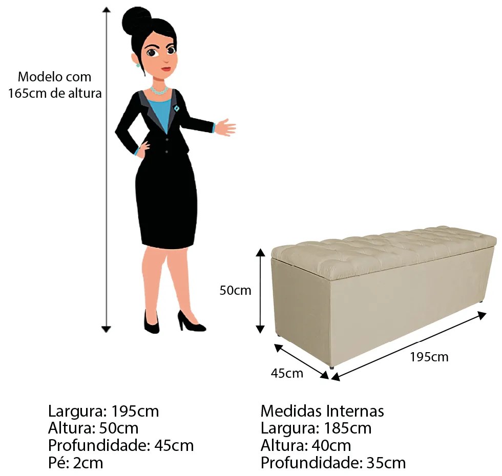 Calçadeira Estofada Liverpool 195 cm King Size Corano Bege - ADJ Decor