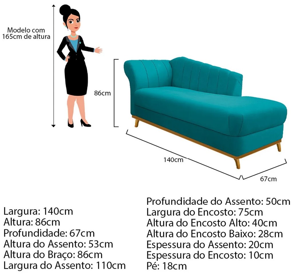 Recamier Vanessa 140cm Lado Esquerdo Suede Azul Turquesa - ADJ Decor