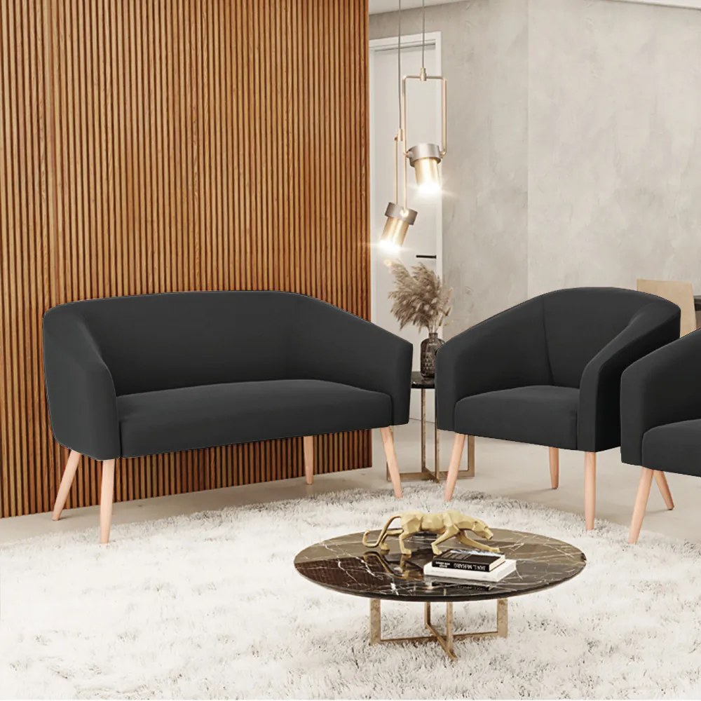 Sofá Namoradeira e Poltrona Pé Palito Natural Stella Suede Preto D03 - D'Rossi