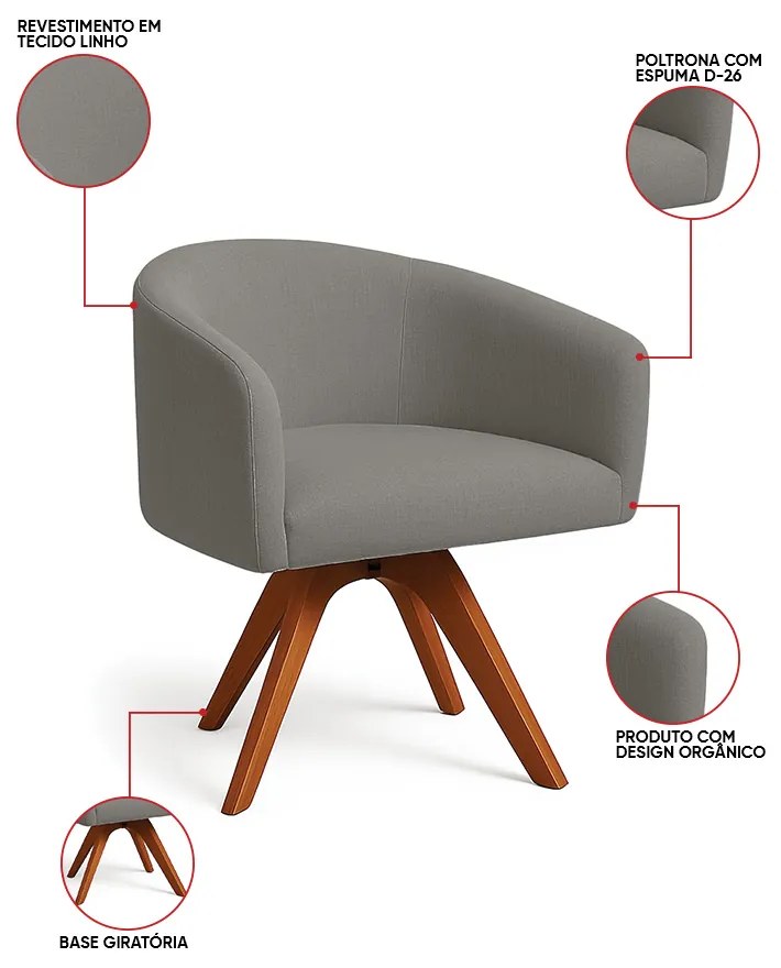 Poltrona Sala Base Giratória Madeira Kit 2 Arielle Linho D03 - D'Rossi - Grafite