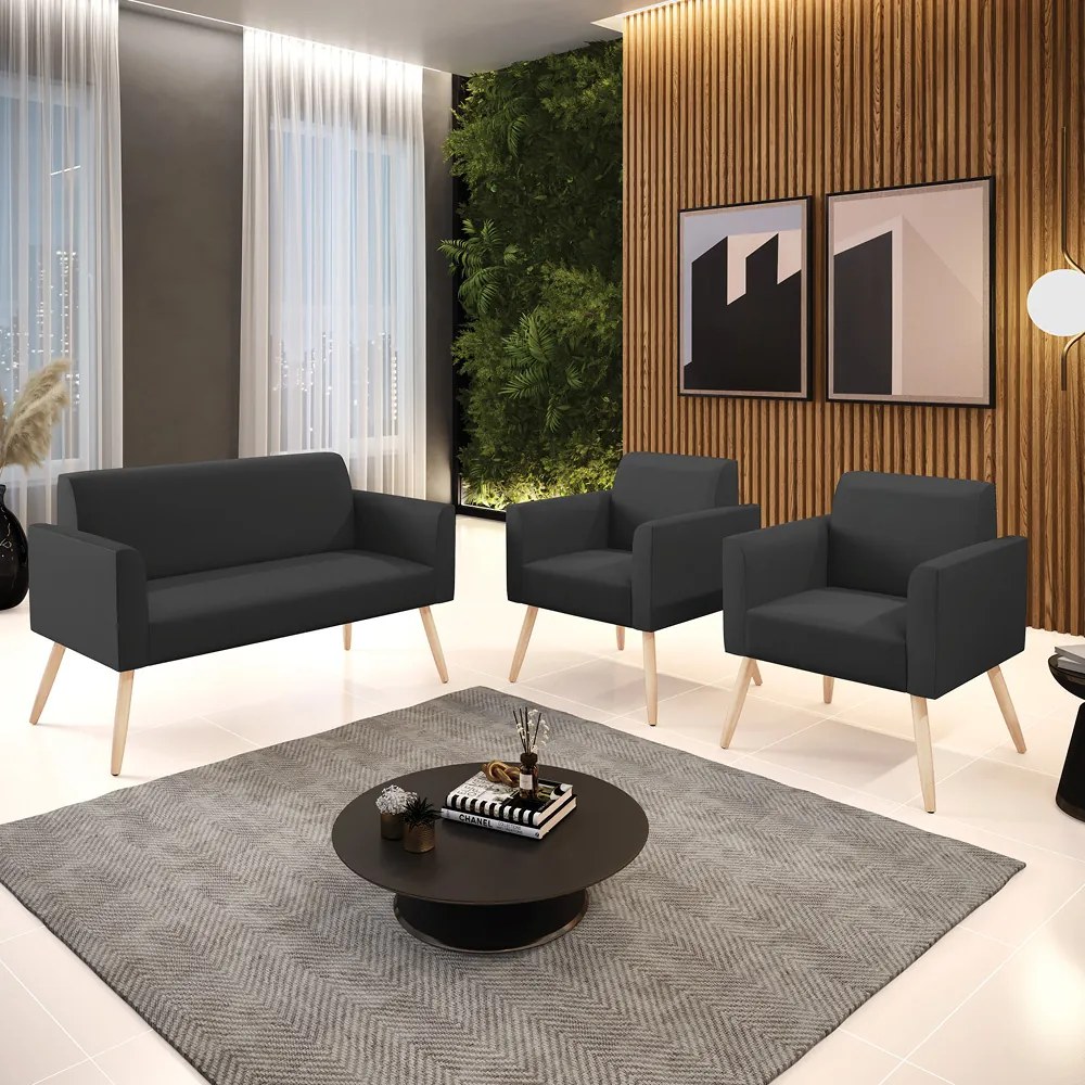 Sofá Namoradeira com 2 Poltronas Pés Palito Natural Marisa Corino D03 - DRossi - Preto