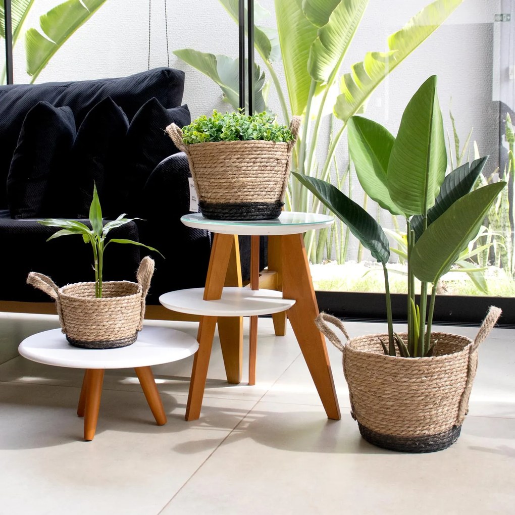 Cesto de Fibra Natural Seagrass Com Fundo Preto 13,5x21x23 cm - D'Rossi