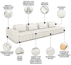Sofá Ilha e Puff Sala Living 425cm Siesta M22 Boucle Bege Claro - Mpoz