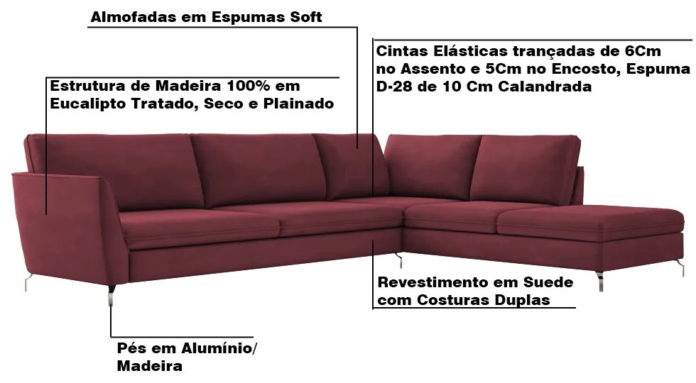 Sofá de Canto Chaise Direito 307 cm Olívia Suede Bordô G52 - Gran Belo