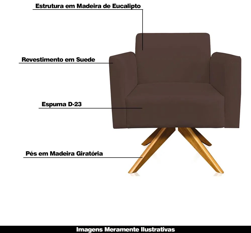 Kit 02 Poltronas Decorativas Isabella Base Giratória Madeira Suede Marrom G19 - Gran Belo