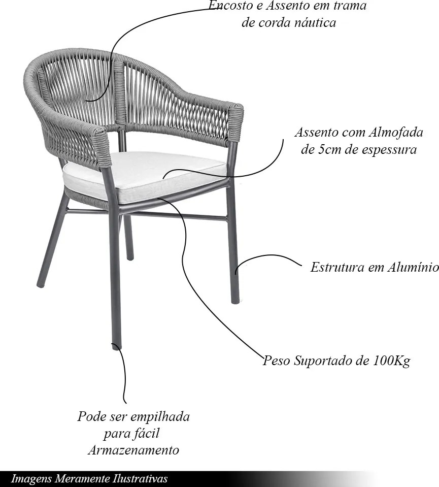 Kit 4 Cadeiras Área Externa de Alumínio Bear com Corda Naútica Grafite G56 - Gran Belo