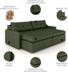 Sofá Retrátil 2 Lugares Para Sala 184cm Elios Couro Verde Z55 - Mpozen