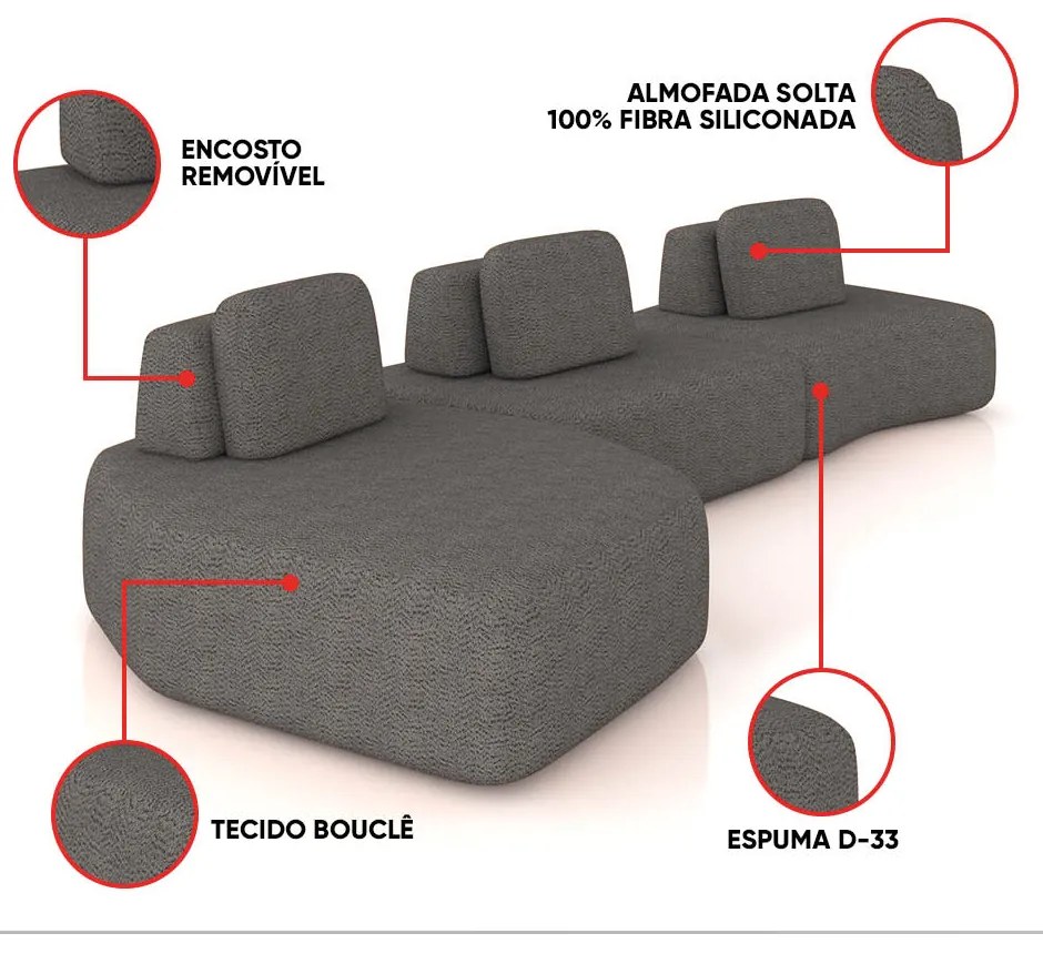 Sofá 3 Lugares Orgânico com Chaise e 2 Módulos Berlim Bouclê Grafite K01 - D'Rossi