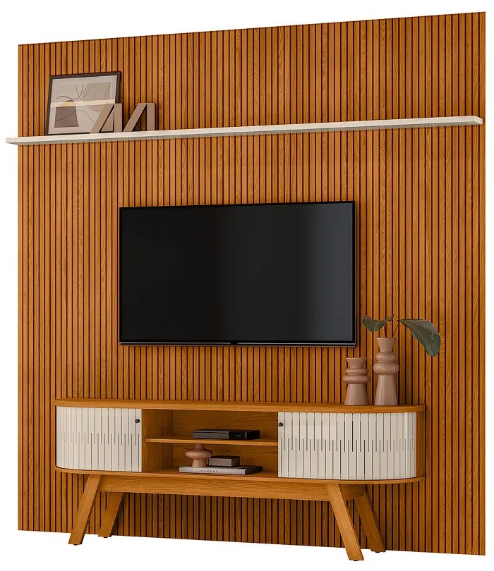 Painel TV 75 Pol 238cm Ripado Kalven com Rack Bancada Enzari M20 - D'Rossi - Cinamomo(fosco)/Off White(brilho)