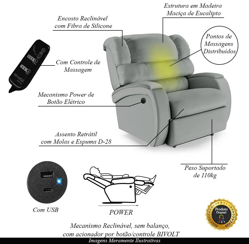 Poltrona do Papai Sala de Cinema Reclinável Kylie Power Elétrica Massagem USB PU Cinza G23