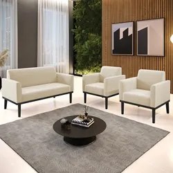 Sofá Namoradeira e 2 Poltronas Base Madeira Preto Maressa Suede Bege -