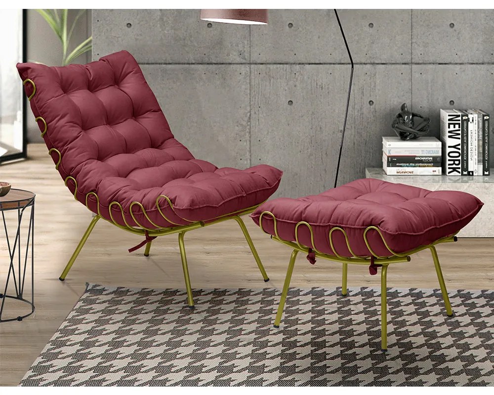 Conjunto Decorativo Poltrona e Puff Abel Base de Ferro Dourada Suede Bordô G41 - Gran Belo