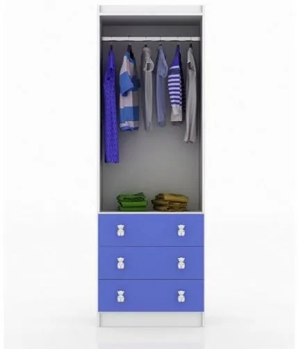 Quarto de Bebê Completo: Guarda-roupa + Cômoda 3 Gavetas + Berço Com Rodinhas- Branco/Azul