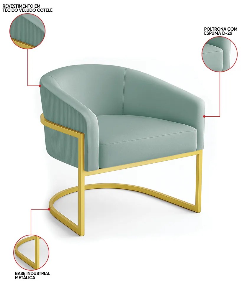 Poltrona Sala Industrial Dourada Arielle Veludo Cotelê Menta D03 - D'Rossi