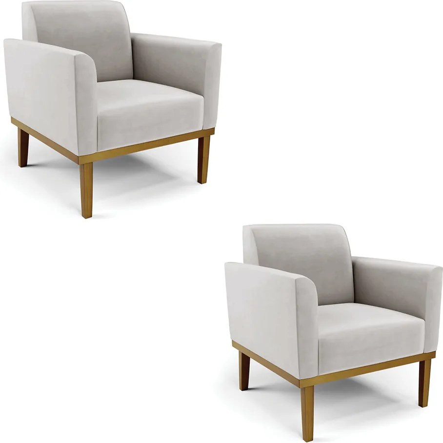 Kit 2 Poltronas Decorativas Isabella Pés Fixo em Madeira Castanho Veludo Cinza G19 - Gran Belo