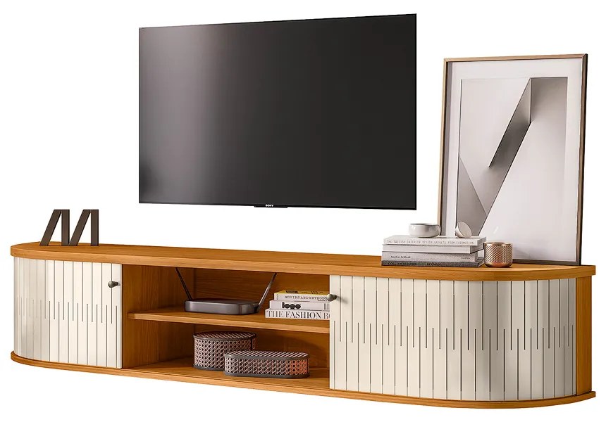 Rack TV 75 Pol 183cm Bancada Suspenso Ripado Aurenzo M20 - D'Rossi - Cinamomo e Off White