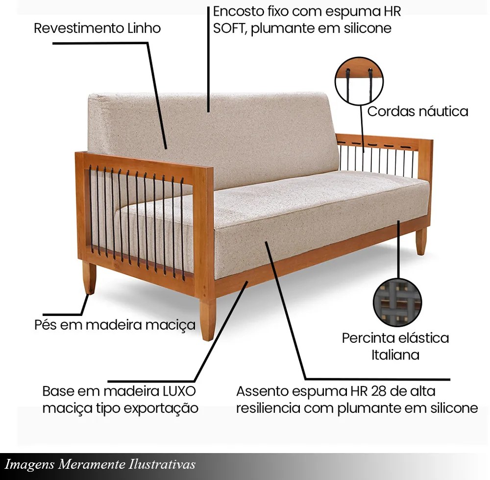 Sofá Namoradeira 2 Lugares Sala de Estar Pés Madeira Maciça Corda Náutica Preta 160cm Manila Linho Areia Rústico G63 - Gran Belo