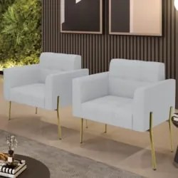 Poltrona Para Sala Pé Metal Dourado Kit 2 Ana Linho Cinza - Ibiza