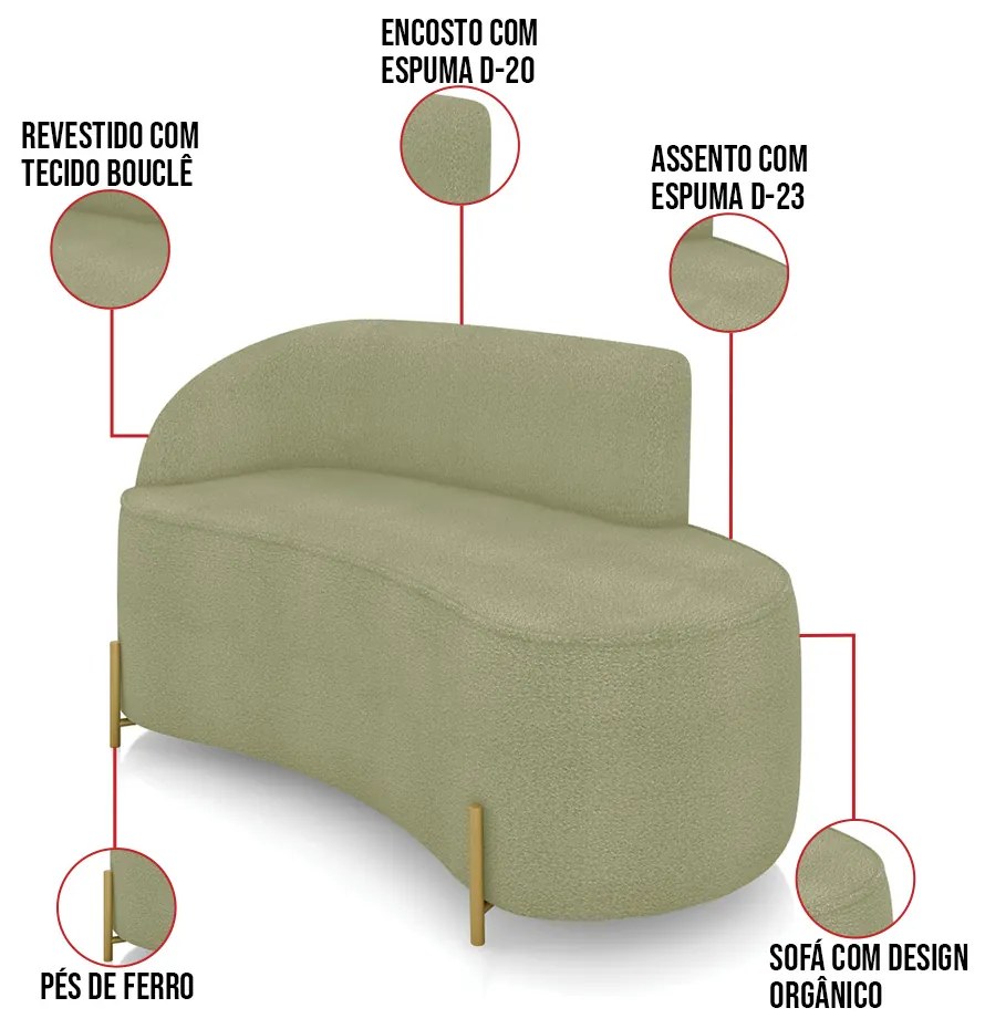 Sofá 2 Lugares Orgânico 140cm Pé Aço Lateral Dourado Morgan Bouclê D03 - D'Rossi - Verde Pistache