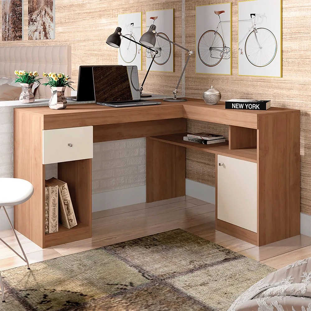 Mesa para Escritório Noma Home Tampo em L Porta e Gaveta MDP Mel/OffWhite G11 - Gran Belo