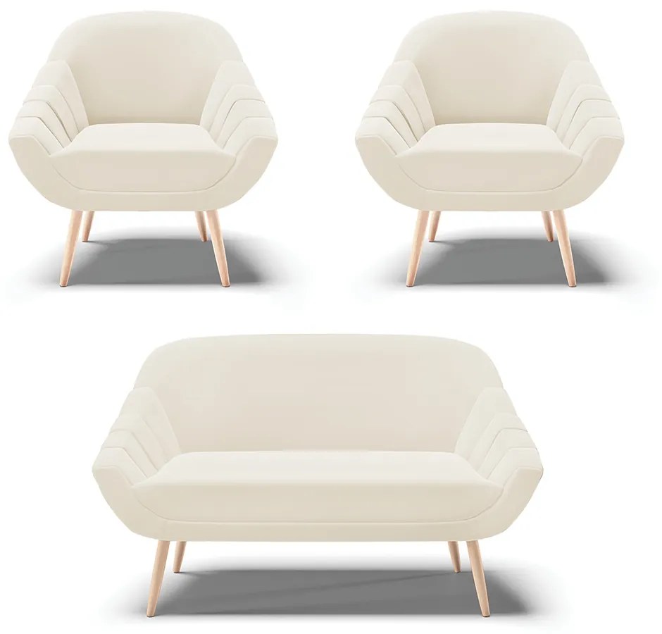 Kit 01 Namoradeira 02 Lugares e 02 Poltronas Giovana Veludo Bege Pés Palito Natural - Indo Decorar