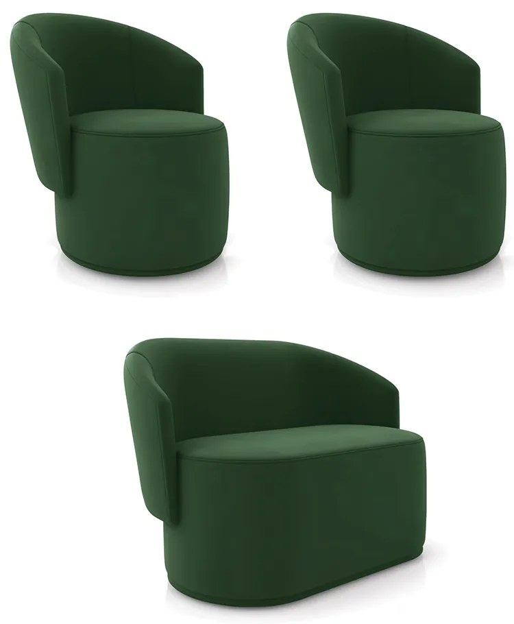 Sofá Namoradeira e 2 Poltronas Orgânica para Sala Malu Veludo M11 - D'Rossi - Verde