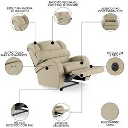 Poltrona do Papai Reclinável Kalie Power Touch USB FH9 Linho Bege - Mp