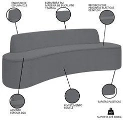 Sofá 3 Lugares para Sala de Estar Living 210cm Koane D06 Bouclê Cinza