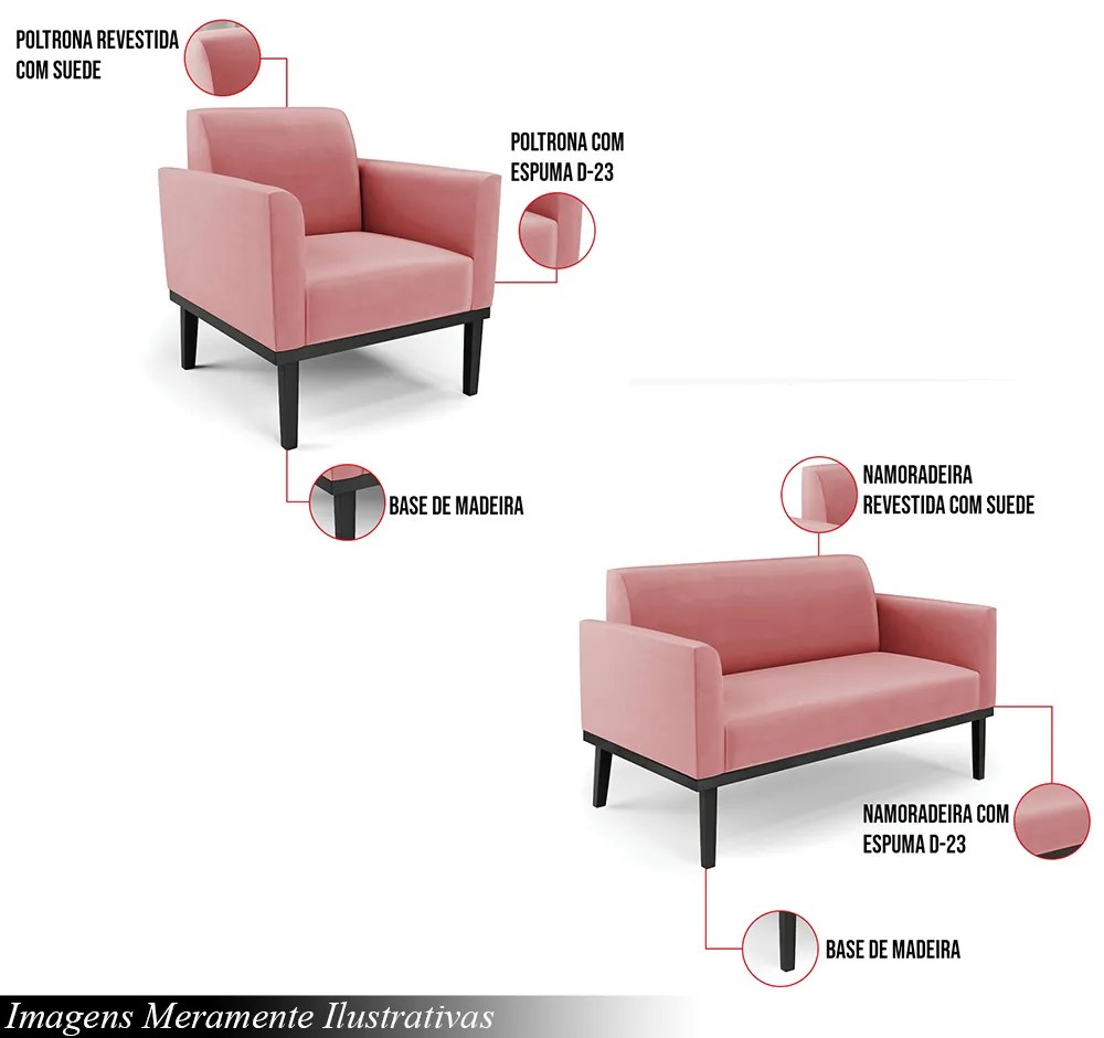 Conjunto 2 Poltronas e 1 Namoradeira Decorativa Isabella Pés Fixo em Madeira Preto Suede Rose G19 - Gran Belo