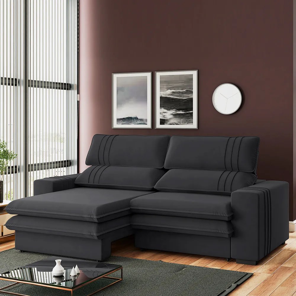 Sofá 2 Lugares Retrátil Noruega 180 cm Veludo Grafite Pés Tabaco - D'Rossi