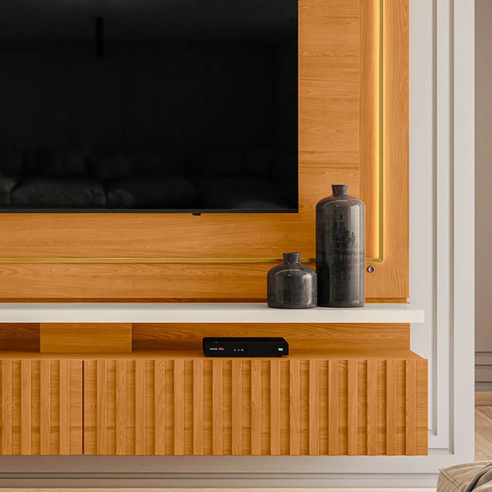 Painel TV 75 Pol 216cm Bancada Suspensa Ripado Lurian M20 - D'Rossi - Cinamomo e Off White