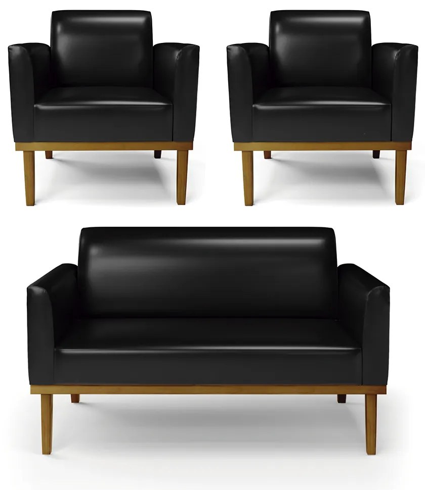 Conjunto 2 Poltronas e 1 Namoradeira Decorativa Isabella Pés Fixo em Madeira Castanho PU Preto Brilho G19 - Gran Belo