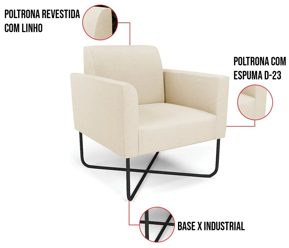 Poltrona Base X Industrial Preto Marisa Linho Bege A19 D03 - D'Rossi