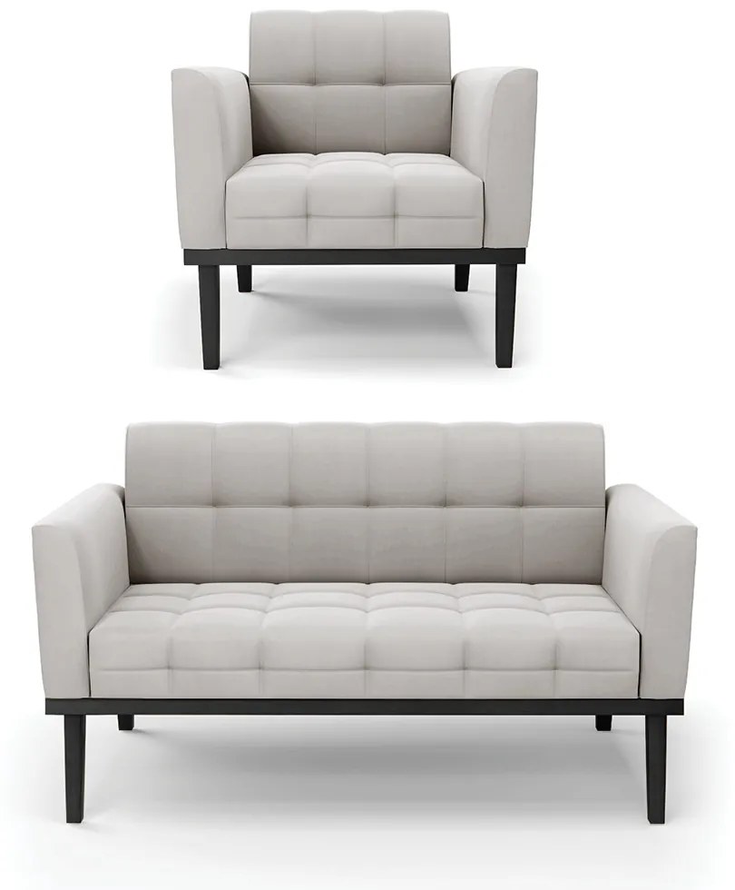 Conjunto Poltrona e Namoradeira Decorativa Karen Pés Fixo em Madeira Preto Veludo Cinza G19 - Gran Belo