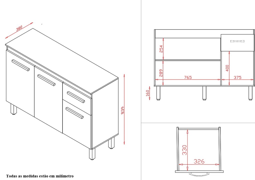 Balcão Zínia 3 Portas 1 Gaveta e Tampo Cozinha MB1 120cm