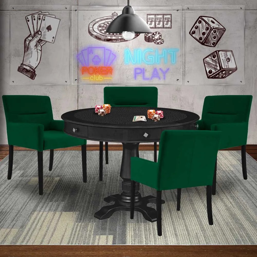 Mesa de Jogos Carteado Redonda Victoria Tampo Reversível Preto com Kit 4 Cadeiras Vicenza Suede Verde G36 G15 - Gran Belo