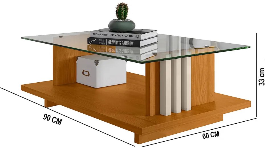 Mesa de Centro Para Sala Ripado Tampo de Vidro Mirezi M20 - D'Rossi - Cinamomo e Off White