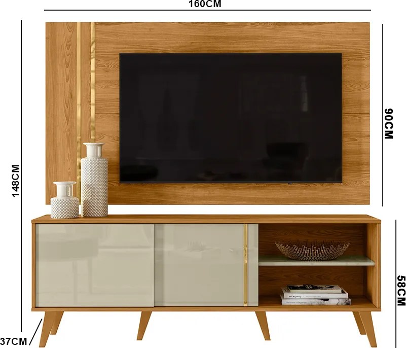 Painel TV 60 Pol 160cm com Rack Bancada para Sala Hylon Cumaru/Opala M20 - D'Rossi