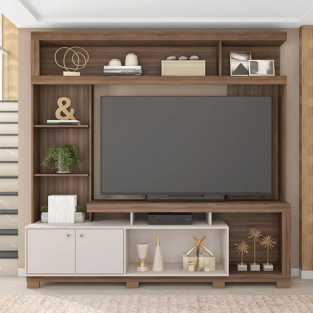 Home Estante Rio 210cm TV até 65 com Prateleiras MDP/HDF Nogueira/OffWhite G11 - Gran Belo