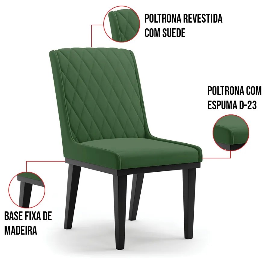 Cadeira Sala de Jantar Base Madeira Preto Kit 4 Sofia Suede D03 - D'Rossi - Verde