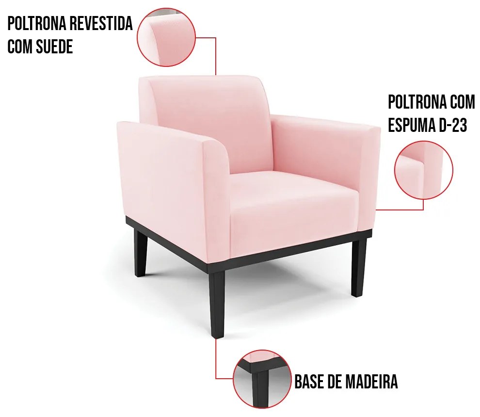 Poltrona Base de Madeira Fixa Preto Marisa Suede  D03 - D'Rossi - Rosa Bebê