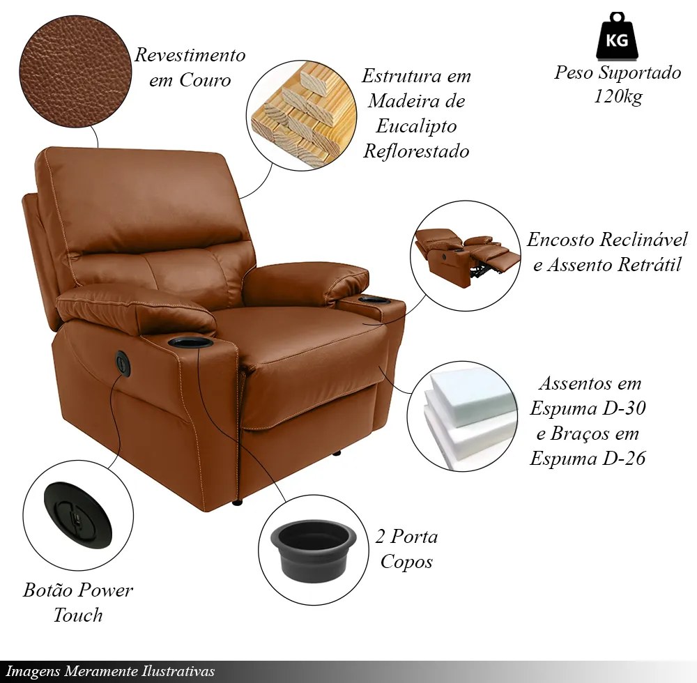 Poltrona do Papai Sala de Cinema Mia Reclinável Retrátil Power Elétrico Base Fixa Couro Conhaque Brilho G40 - Gran Belo