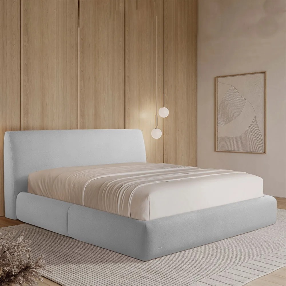 Cama com Cabeceira Pagani Queen Base no Chão Bouclê Cinza G92 - Gran Belo
