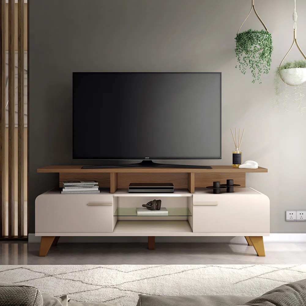 Rack para Sala Bancada de TV 70 Pol 200cm Zuri 1.6 H01 - D'Rossi - Off White e Castanho