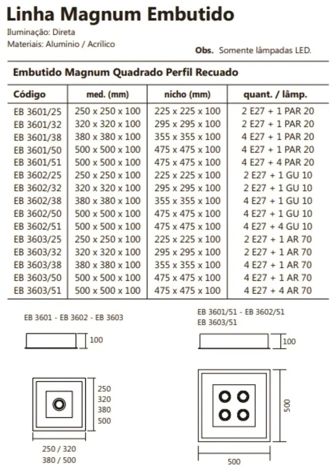 Luminária De Embutir Magnum Quadrado 38X38X10Cm 4L E27 + 01 Par20 | Us... (PT - Preto Texturizado)