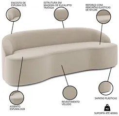Sofá 4 Lugares para Sala de Estar Living 230cm Theo D06 Veludo Creme -