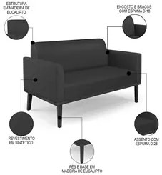 Sofá Namoradeira e 1 Poltrona Base Madeira Preto Maressa Sintético Pre